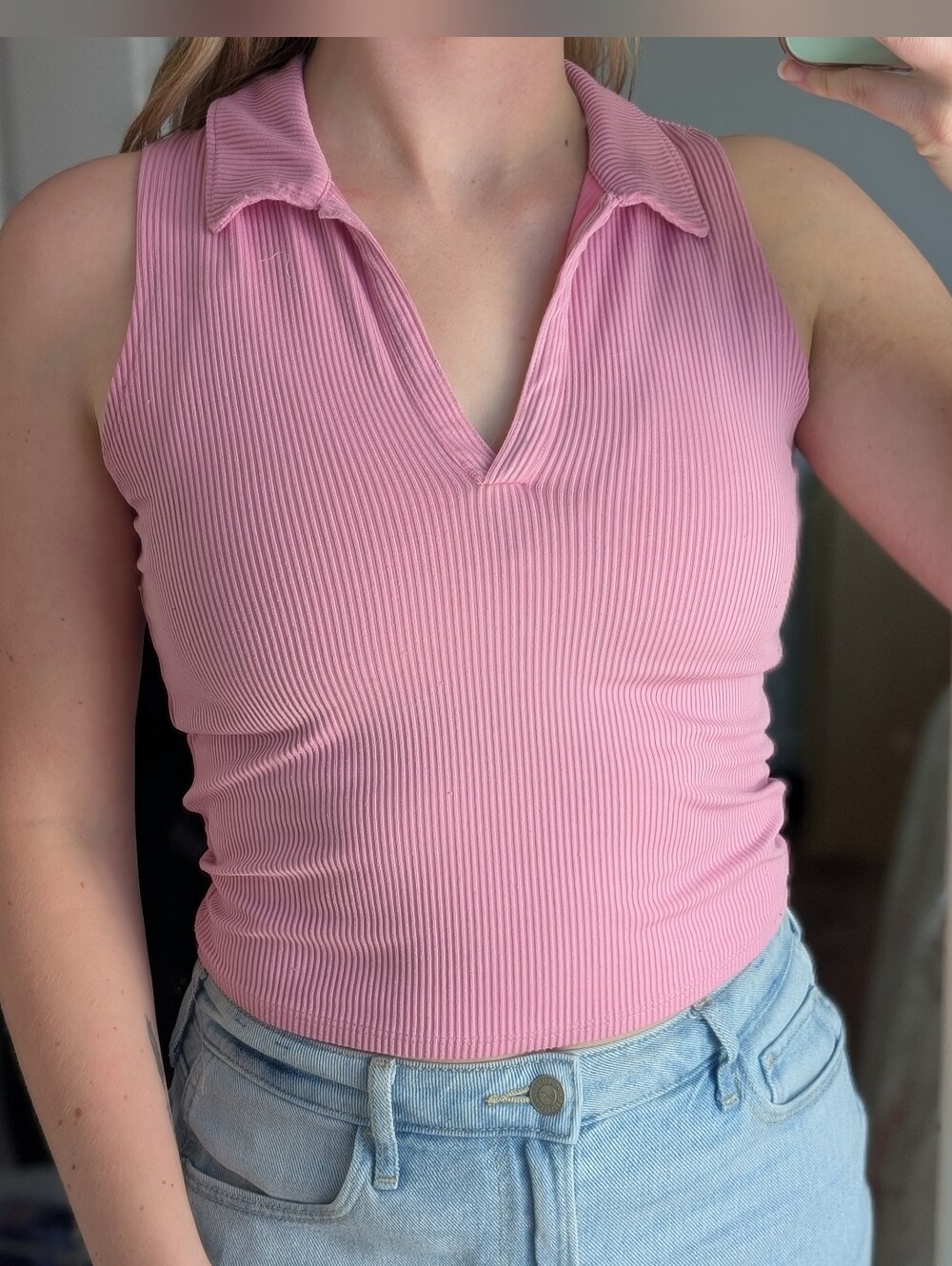 Hollister Pink Ribbed V-Notch Sleeveless Polo Tank